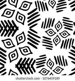 Black and White Seamless Ethnic Pattern. Tribal. Vintage, Grunge, Abstract Tribal Background for Surface Design, Textile, Wallpaper, Surface Textures, Wrapping Paper