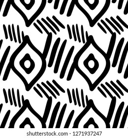 Black and White Seamless Ethnic Pattern. Tribal. Vintage, Grunge, Abstract Tribal Background for Surface Design, Textile, Wallpaper, Surface Textures, Wrapping Paper