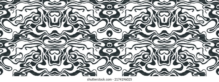 Black and white seamless ethnic pattern drawn in ikat technique. Can be used for a textile design