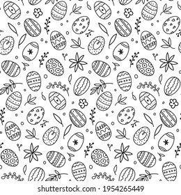 Black and white seamless festive spring pattern. Decorative easter eggs, leaves and flowers. Great for wrapping, your design or background for your holiday goods. Vector