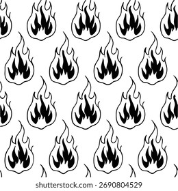 A black and white seamless fire pattern featuring bold flames in minimalist style. Perfect for wallpapers, fabric prints, backgrounds, and digital art projects.