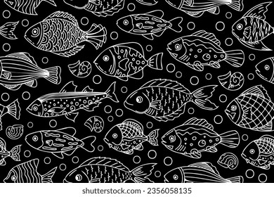 Patrón de pescado sin soldadura en blanco y negro. Patrón abstracto con peces blancos, dibujados a mano sobre un fondo negro