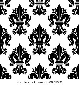 Black and white seamless fleur-de-lis floral pattern with curled lilies. Wallpaper, textile or interior usage