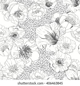 Black and white seamless floral  background. Isolated flowers on geometric background. Vector illustration.