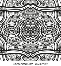 Black and white seamless floral and geometric pattern, tribal ethnic ornament, arabic indian motif, vector abstract hand drawn background.