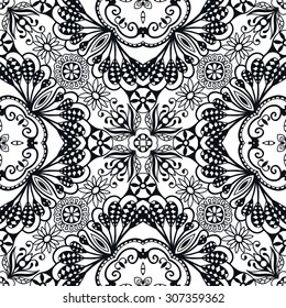 Black and white seamless floral and geometric pattern, tribal ethnic ornament, arabic indian motif, vector abstract hand drawn background.