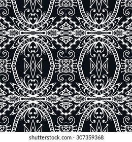 Black and white seamless floral and geometric pattern, tribal ethnic ornament, arabic indian motif, vector abstract hand drawn background.