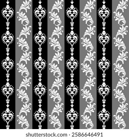  Black and white seamless floral lace pattern design with vintage texture and decorative border for wallpaper or fabric decor