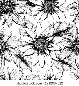 Black and white seamless floral pattern with cute yellow sunflowers. For your own design. Vector wallpaper, card, wrapping paper, textile, texture