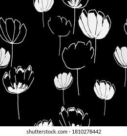 Black and white seamless floral pattern with hand draw spring flower. Vector 10 EPS for your creative design