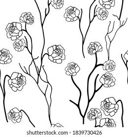 Patrón floral sin costuras en blanco y negro con flor de primavera dibujada a mano. Vector 10 EPS para su diseño creativo