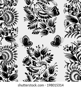 black and white seamless floral pattern in Ukrainian folk style