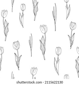 Patrón floral sin costuras en blanco y negro con flor de primavera dibujada a mano. Vector 10 EPS para su diseño creativo