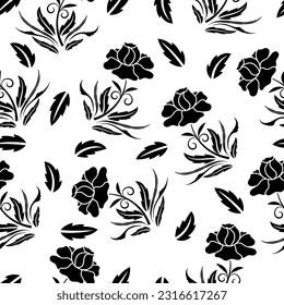 Patrón floral sin fisuras en blanco y negro. Flores y hojas   ilustración ornamental vectorial