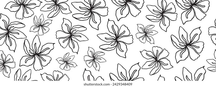 Black and white seamless floral pattern. Line art illustration. Floral pattern for invitations, wallpaper, gift wrapping. Vector.