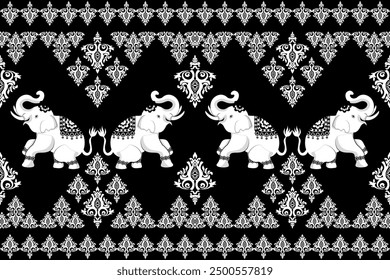 Black and white seamless floral pattern elephants pattern,traditional ethnic, fabric pattern for textiles, rugs, wallpaper, clothing, sarong, batik, wrapping, embroidery, print, background, cover.