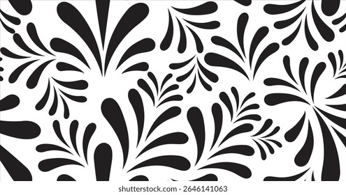 Black and white seamless floral pattern with vintage leaves and decorative elements