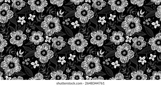 Padrão floral sem emenda preto e branco com flores e folhas desenhadas à mão. Ideal para estampas de tecido, papéis de parede, papel de presente, papelaria, têxteis e desenhos com tema de primavera ou verão.