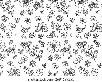 Black and white seamless floral pattern featuring hand drawn flowers, roses, and leaves in outline style. Ideal for coloring pages, fabric prints, wallpapers, and decorative surfaces.