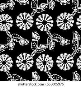 Black and white seamless floral pattern. Abstract beautiful  flowers silhouettes. Vector clip art.
