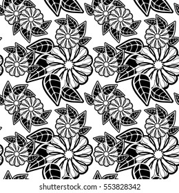 Black and white seamless floral pattern. Abstract beautiful  flowers silhouettes. Vector clip art.