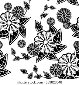 Black and white seamless floral pattern. Abstract beautiful  flowers silhouettes. Vector clip art.