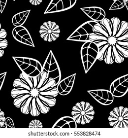 Black and white seamless floral pattern. Abstract beautiful  flowers silhouettes. Vector clip art.