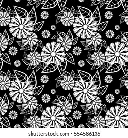 Black and white seamless floral pattern. Abstract beautiful  flowers silhouettes. Vector clip art.