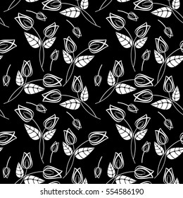Black and white seamless floral pattern. Abstract beautiful  flowers silhouettes. Vector clip art.