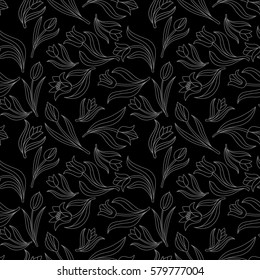 black white Seamless floral pattern with tulips. Vector illustration. art