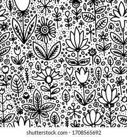 black and white seamless floral vector pattern
