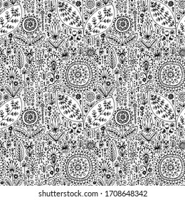 black and white seamless floral vector pattern