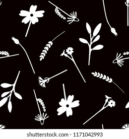 Black and white seamless flower pattern. Hand drawn chamomile, bluebottle, bells, wheat, poppy and branch with leaves. Vector illustration.
