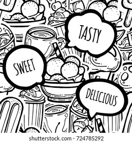 Black and white seamless food pattern. Ice creams, coffee, milkshake, cocktail and speech bubbles with phrases sweet, tasty, delicious. Sticker line art design for web or print background.