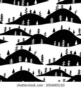 Black and white seamless forest landscape pattern with trees and hills 