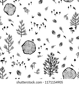 Black and white seamless forest pattern with pines, pine cones, mushrooms, tree cuts and flying birds