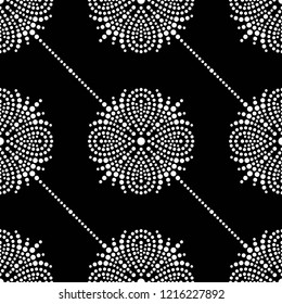 Black and white seamless garlands pattern of mosaic dotted flowers, snowflakes, stars. Floral lattice print of beads. Vector Illustration.