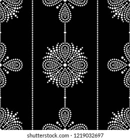 Black and white seamless garlands pattern of mosaic dotted flowers, snowflakes, stars. Floral lattice print of beads. Vector Illustration.