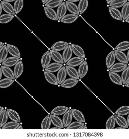 Black and white seamless garlands pattern of mosaic dotted flowers and hexagons. Floral lattice print of beads. Vector Illustration.