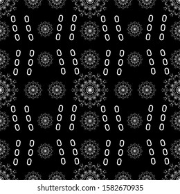 Black and white seamless garlands pattern of mosaic dotted snowflakes. Floral lattice print of beads. Vector Illustration.