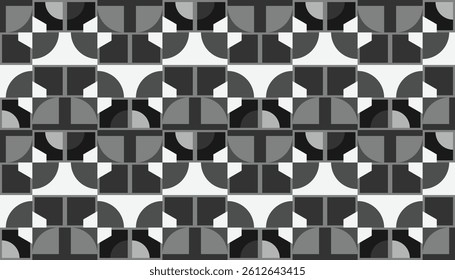 Black and white seamless geometric background with half-circle and grid-like forms. Ideal for classic decor, wrapping paper, and branding projects