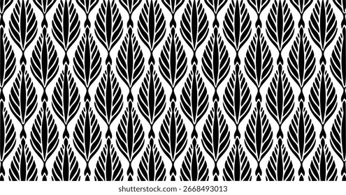 Black and white seamless geometric leaf pattern with minimal and modern design.