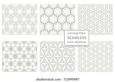 Black and white seamless geometric line patterns set. Graphic linear seamless backgrounds. Tribal ethnic ornament in arabian style. Vector monochrome design, endless lace texture