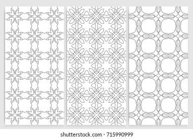 Black and white seamless geometric line patterns set. Graphic linear seamless backgrounds. Tribal ethnic ornament in arabian style. Vector monochrome design, endless lace texture