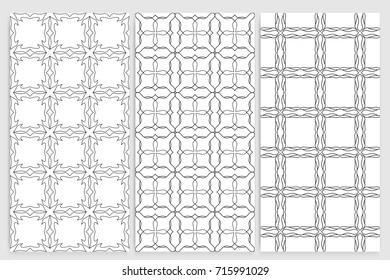 Black and white seamless geometric line patterns set. Graphic linear seamless backgrounds. Tribal ethnic ornament in arabian style. Vector monochrome design, endless lace texture