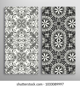 Black and white seamless geometric pattern set. Hand drawn doodle sketch ornament for fabric or paper print. Texture for invitation, card, banner design. Vector illustration