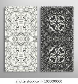 Black and white seamless geometric pattern set. Hand drawn doodle sketch ornament for fabric or paper print. Texture for invitation, card, banner design. Vector illustration