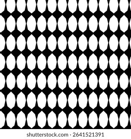 black and white seamless geometric pattern, elongated, vertically oriented, almond-shaped, overall impression, tessellated, interlocking effect, pattern of black and white shapes,