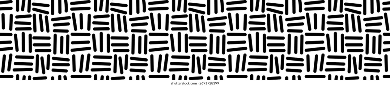 Black and white seamless geometric pattern made of lines and squares. Perfect for modern packaging, fabric, wallpaper, or washi tape designs