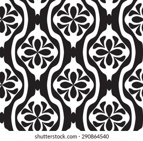 Black and white seamless geometric pattern with decorative flowers